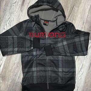 Burton Ski Hoodie Men's Medium Grey Checkered Full Zip Winter Logo Fleece